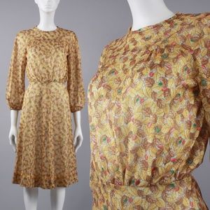 S/M Vintage 70s Fall Leaves Shimmery Sheer Dress